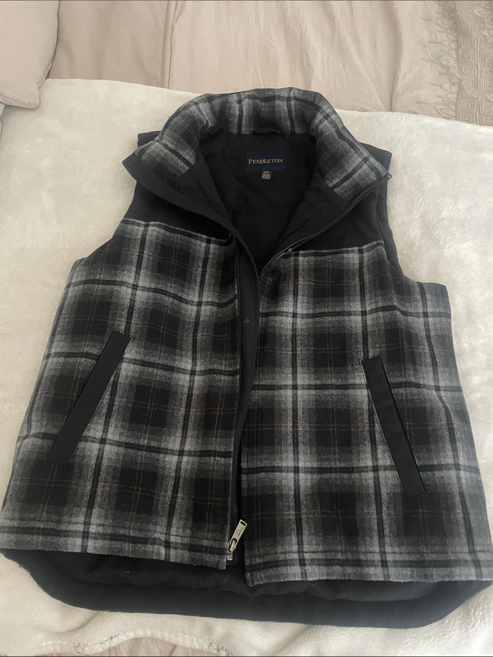 Pendleton Black & Gray Plaid Zip-Front Wool Vest